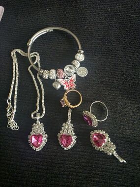 Pink Crystal Heart Necklace and Pendant Set - Unbranded